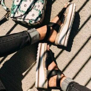 Marc Fisher LTD Black Leather Espadrille Platform Wedge Sandals 6.5M